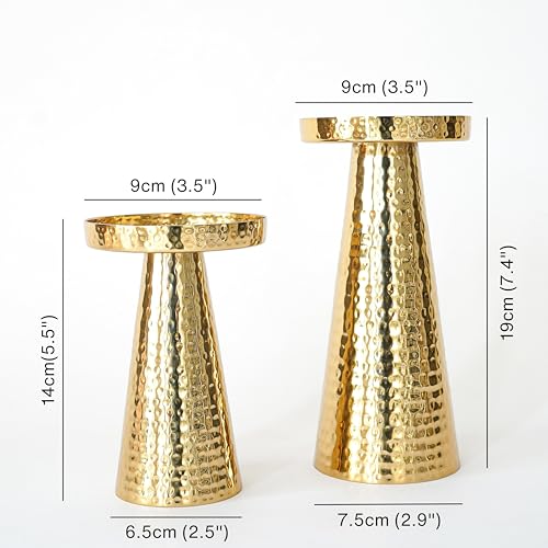 Image of Behoma Handcrafted Hammered Gold Metal Pillar Candle Holders Pack of 5 Sets | Decorative Candle Stand Set for Modern Centerpiece for Home Decor, Dining Table, Wedding, Diwali & Housewarming Gifts | Golden leaf-shape metal tray, small size; perfect for mandap, haldi, mehendi & Navratri decor.