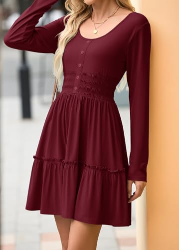 AUSELILY Womens Fall Dress 2025 Long Sleeve Tank Button Down Dresses Ruffle Tiered Smocked Elastic Waist Casual Mini Dress3