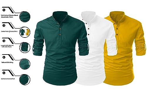 Image of FINIVO FASHION Combo of Men's Cotton Blend Solid Regular Fit Full Sleeve Straight Short Kurta Shirt, Casual and Formal Wear