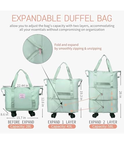Image of Rolling Duffle Bag with Wheels, Expandable Foldable Travel Duffle Bag with Telescopic Handle, Portable Wheeled Luggage Bag for Travel, Lightweight Foldable Suitcase Bag for Men & Women (Bule)