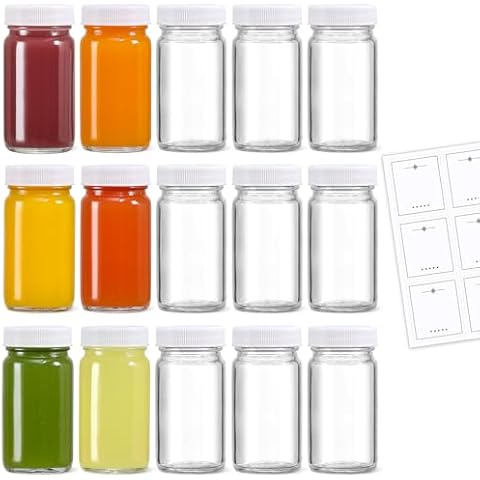 15 Pack 2 oz Glass Shot Bottles w/ White Lids & 15 Labels - Small Clear Jar for Ginger, Wellness Shot, Juice, Sample, Whiskey - Travel Mini Bottles - Wide Mouth, Leakproof, Dishwasher Safe Cover