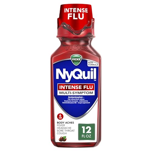 Vicks NyQuil Intense Flu Liquid Over-the-Counter Multi-Symptom Nighttime Relief for Body Aches Fever Headache Sore Throat Sneezing Runny Nose and Cough 6 Hour Relief Cherry Flavor 12 FL OZ