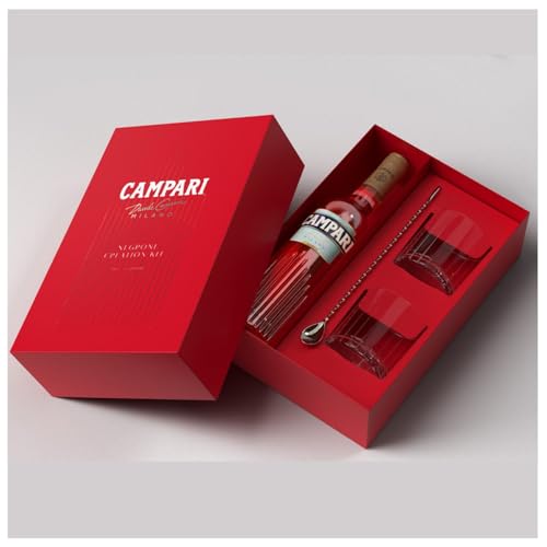 CAMPARI - Bitter 700 ml + 2 Vasos + Cuchara Coctelería, Licor Rojo, Bebida Italiana, Sabor Amargo, Notas a Naranja, Hierbas y Madera, Final Agridulce, Color Rojo Vibrante, Premium Kit, 24% Vol.Alcohol