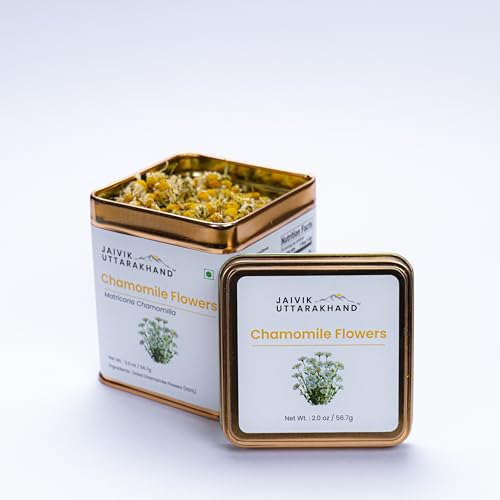 Image of Jaivik Uttarakhand - Chamomile Herbal Tea (56.7 g), Natural, Caffeine-Free Relaxing Brew, Antioxidant-Rich, De-stressing, Promotes Good Sleep, Pack of 1 Tin Box