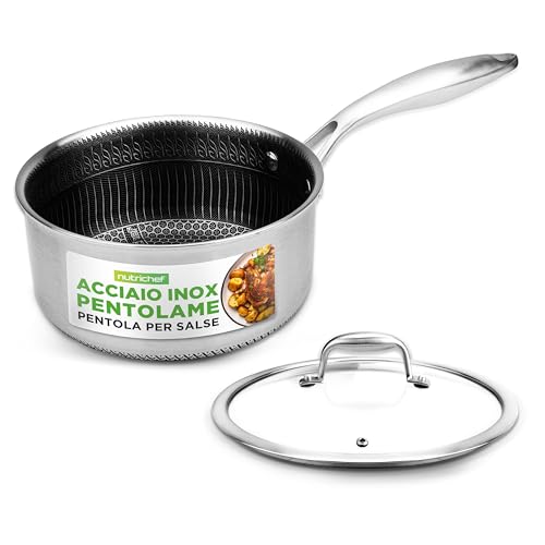 NutriChef Casseruola Acciaio Inox 1,9 Litri con Coperchio in Vetro, Antiaderente Nido d’Ape, Pentola Induzione Resistente ai Graffi, Facile da Pulire