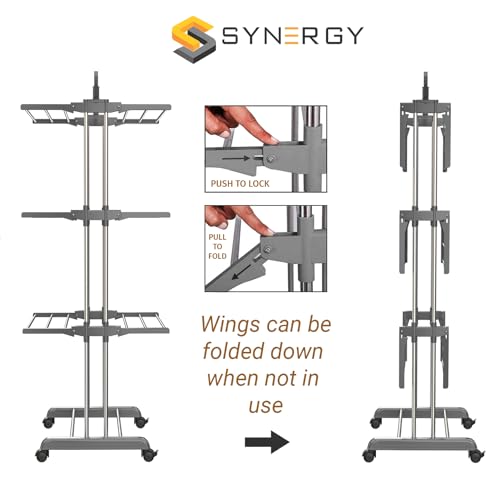 Image of Synergy - Premium Heavy Duty Stainless Steel Clothes Drying Stand | Cloth Dryer Stand | Cloth Stand for Drying Clothes Foldable | Cloth Hanging Stand | Cloth Drying Stand (3-Tier) Grey - SY-CS20
