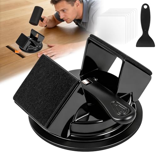 Floor Gap Fixer Tool 45° Striking Surface, Flooring Tools with Iron &amp; Enhanced Suction Cup, 8pcs Sticky Pads &amp; Silicone Scraper for Laminate Vinyl Wood Plank Hardwood Floor Gap Repair (Black)