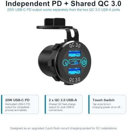 USB C Car Charger Socket with Touch Switch, 12V/24V Marine USB Outlet, 20W PD USB-C and Dual QC 3.0 USB-A Ports, Waterproof Cover Flush Mount Charger for Boat RV Car Truck ATV - 3