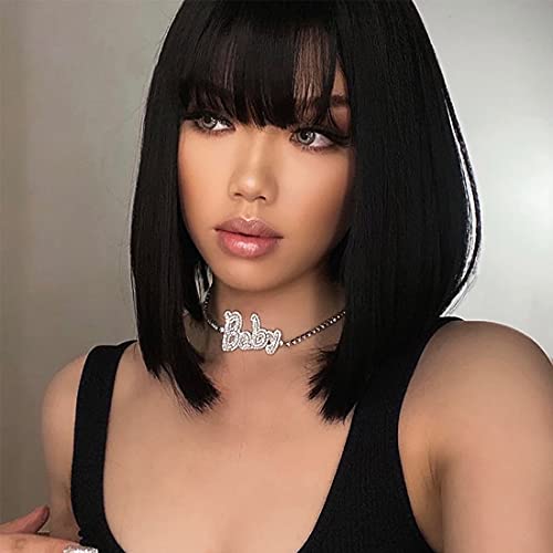 Relena Brazilian Virgin Human Hair Straight Bob Wigs Glueless Short Human Hair Wigs Bob Machine Made Wig with Bangs 150% Density None Lace Front Wigs for Black Women(14 inch, Natural Color)
