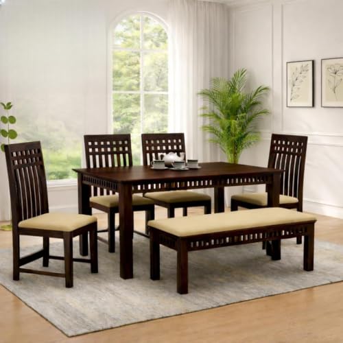 Image of AADITYA WOODS Solid Sheesham Wood 6 Seater Dining Table with Chair & Bench Set for Living Room | Wooden Dining Set | Dining Room Set for Kitchen & Restaurants