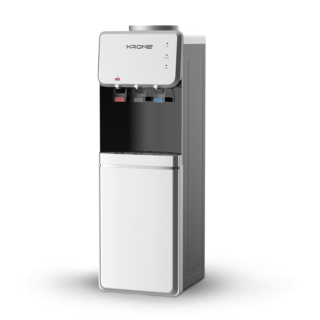 Krome Top Loading Water Dispenser, Hot, Cold and Normal Water, Floor Standing, Made with Stainless Steel Tank and Food-grade Silicone Gel Tube, Child Lock For Hot Water, Silver & Black KR-WDTL 3TB 3TAP TL