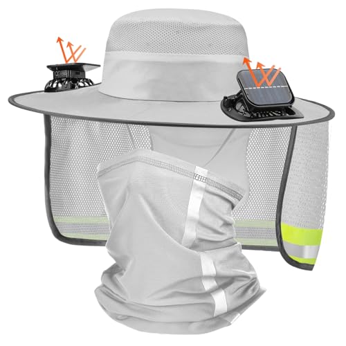 Floraltop Solar Fan Hat for Men Women Dual Power Wide Brim Sun Fan Hat with Ice Silk Neck Cover and Reflective Design for Fishing Hiking Construction and Outdoor Work(Light Gray)