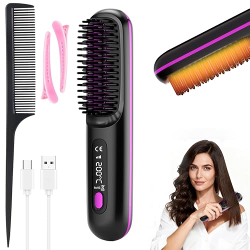 Escova Alisadora Aquecida Sem Fio, 199 Milhões de Íons Negativos, 3 Temperaturas, Aquecimento Rápido 20s, Recarga USB-C, Pente Modelador Portátil