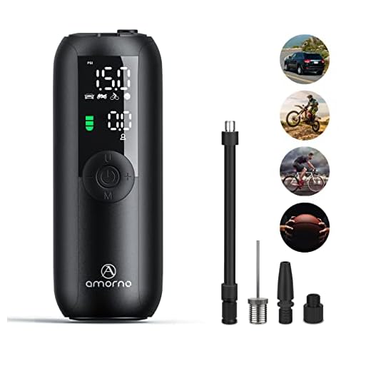 Portable Air Compressor Mini Bike Pump, AMORNO 150 PSI Cordless Tire Inflator Electric Air Pump with Digital LCD Screen LED Lights for Cars Bike Motorcycles Balls and Other Inflatables (Black)