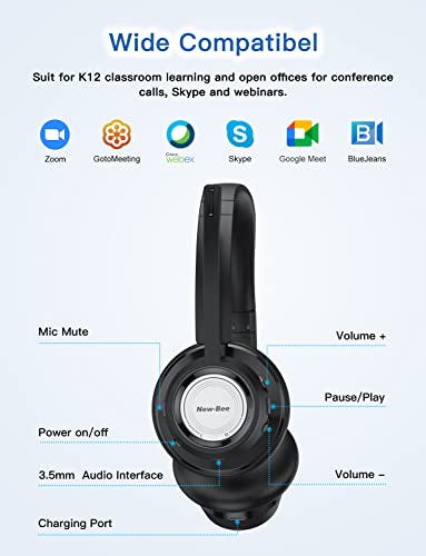 Image of New Bee Wireless Headset Bluetooth Headset with Noise Cancelling Microphone 20hrs Talk time & Mute Button for Work /PC /Office /Zoom /Skype (Include USB Dongle)