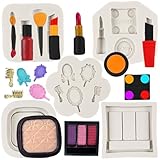 FCKEMLDS Moldes de silicona con temática de maquillaje, lápiz labial, polvo suelto, sombra de ojos, cepillo de maquillaje, peine de espejo, molde de fondant para decoración de pasteles, decoración de