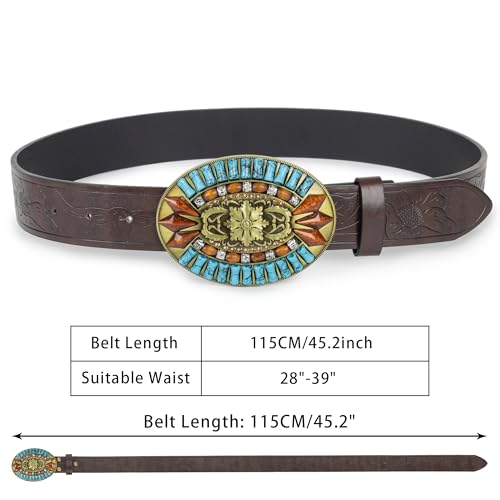Western Turquoise Cowboy Belts for Women Men Oval-Buckle Embossed Cowgirl Belt Fit 28"-39" Waist4