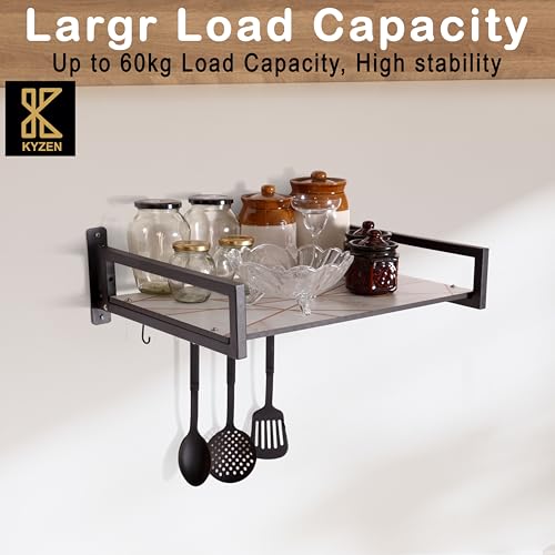Image of KYZEN Deluxe Wall Mount Microwave Oven Stand with Pot Rack, 5 Hooks & Storage Container | Heavy-Duty Shelf for Microwave, OTG, Air Fryer, Grinder & Kitchen Organization (Marble) Appliances WM Delux M
