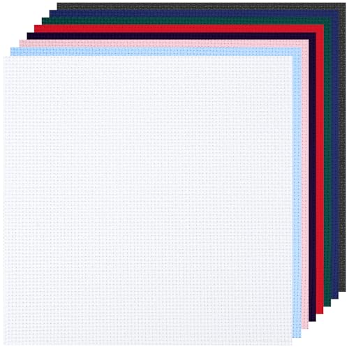 Image of 8 PCS Cross Stitch Aida Fabric 14 Count, 8 Colors 9.8 by 9.8 Inch, Classic Reserve Cross Stitch Aida Cloth for Home DIY Embroidery Decoration, Colorful