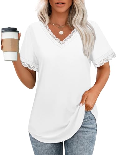 XIEERDUO V Neck T Shirts for Women Lace Sleeve Ladies Tops and Blouses Summer Outfits Basic Tee