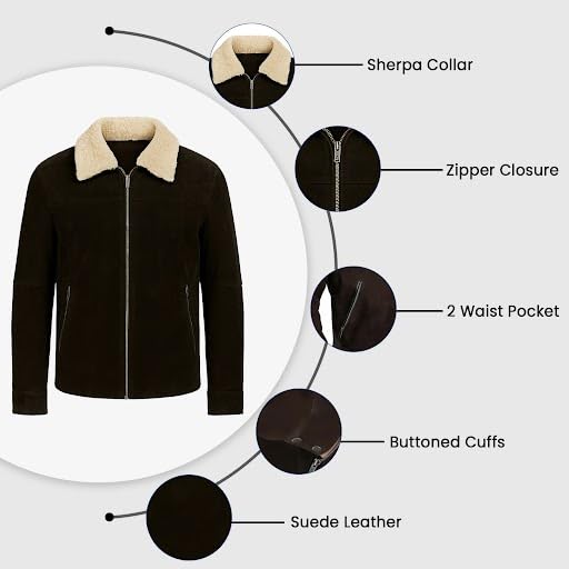 Image of Men's Brown Suede Leather Fur Shearling Collar Jacket - Black Leather Motorcycle Jacket Men - Brown Corduroy Coat