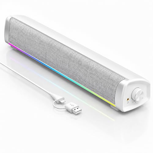 HEGMUXCO Altavoces de computadora para PC de escritorio, barra de sonido para juegos de 4 controladores con 12 modos de luz RGB, altavoces de PC alimentados por USB/USB-C con micrófono y conector para