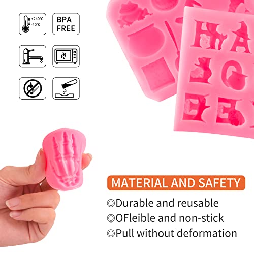 6Pcs Halloween Silicone Molds, Skull Hand Bat Shape Silicone Fondant Candy Molds For Diy Chocolate, Cake, Pudding, Ice Cream, Epoxy Resin Mould (Pink, With 60 Candy Bags & 7 Halloween Elements) #TOP2