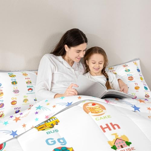 Image of Feelyou ABC Alphabet Bedding Set King Size, Cartoon Alphabet Comforter Numbers Alphabet Comforter Set Kids Toddler Educational Learning Duvet Set Microfiber Bed Set
