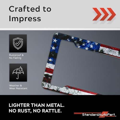 Image of StandardAutoPart American Flag License Plate Frames - Plastic USA Flag Car Tag Holder with Screws Caps and Patriotic Decals - Universal Fit (American Flag - 2 Pack)