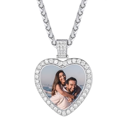 FindChic Heart Picture Necklace Custom Necklaces for Women Personalized Photo Cubic Zirconia Pendant Platinum Plated Memorial Gifts for Loss of Mother Keepsakes Hip Hop Jewelry for Family Couples