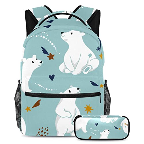 Sac à dos enfant ours polaire multicolore, grand cartable adolescent et trousse de voyage