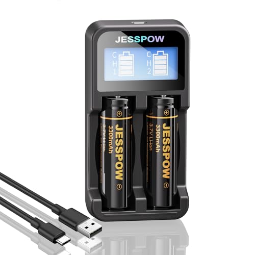 3.7 Volt Pilas 18650 Recargables con Cargador, 3300mAh Top Plana Li-Ion Recargable Batería Adecuado para Linternas, Cámaras, Ventiladores Pequeños y Luces de jardín al Aire Libre (Paquete de 2)