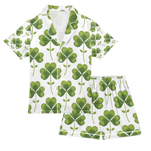 senya St. Patrick's Clover Green B Satin Summer Pajama Sets Silk Short Sleeve Button Down Sleepwear