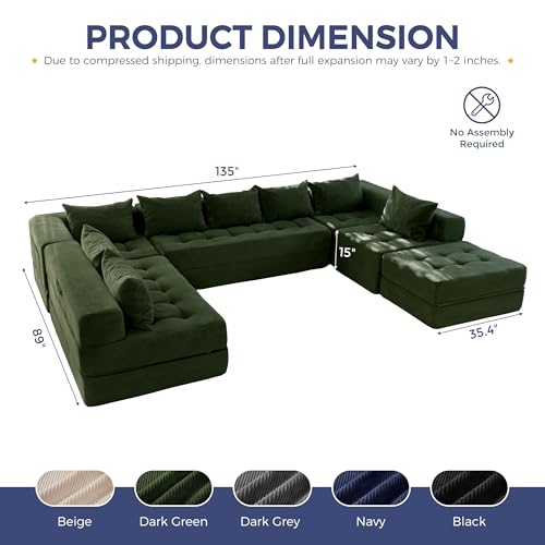 Image of MAXYOYO Modular Sectional Sofa Couch, Foldable Oversized U Shaped Cloud Couch with Pillows, Tufted Boneless Lounger Floor Sofa Bed for Living Room, No Assembly Required, Dark Green