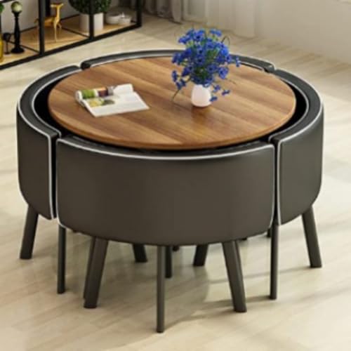 Image of Round Faux Marble Reception Table and Chairs Set, Dining Table Set for 4, Space Saving Reception Desk for Home and Apartment, Office, Conference Room, Lounge