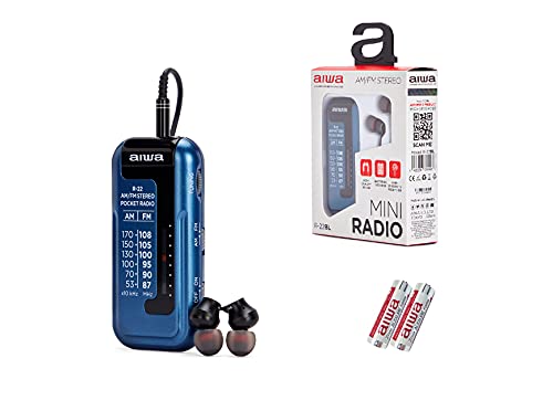 Aiwa Micro Pocket radio with Stereo headphones, Compact size, Clamping clip, MW/FM stereo, Analog ETS - R-22BL / UK Model-Blue