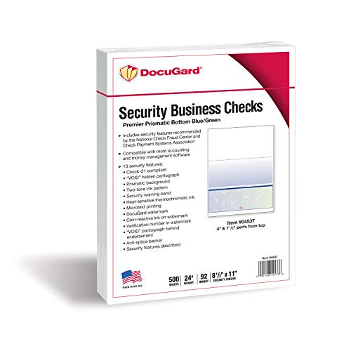 DocuGard Blue/Green Premier Prismatic Bottom High Security Check Paper - QuickBooks & Laser/Inkjet Printer Compatible - 13 Security Features - 500 Blank Business Checks (04537) - Thumbnail 2