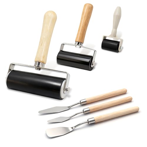 6 Pack Rubber Brayer Roller Kit, 3 Sizes Rubber Rollers with 3 Scrapers for Printmaking Wallpaper Ink Stamping Gluing Oil Painting Plastic Relief Crafting Art DIY - 1.4 in, 2.4 in, 4 in