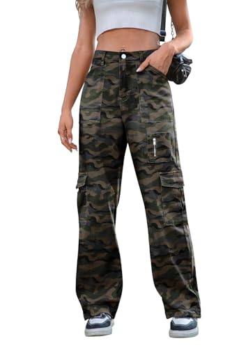 IVIR Cargo Pants Women High Waist Baggy Trendy Y2K Straight Leg Womens Jeans Petite Girls Camouflage Trousers Camo Small