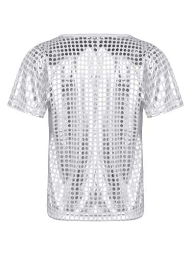 Zaldita Camiseta de manga corta para niños y niñas, con lentejuelas, brillante, camiseta de baile, hip hop, jazz, actuación, plata, 92-116