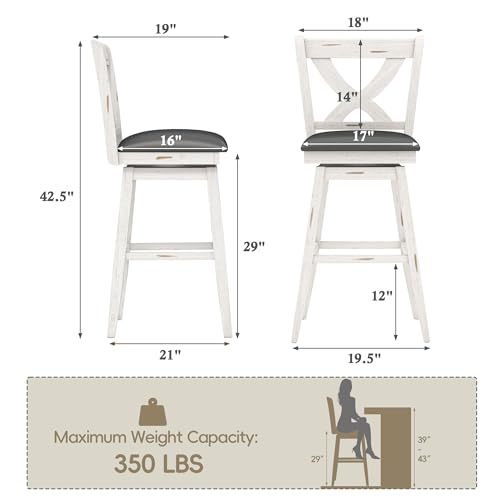 Image of MU Swivel Bar Stools Set of 2, 29 inch Bar Height Kitchen Island Chairs with Back, Upholstered Seat Barstool with Solid Wood Legs & Footrest, Counter Stools for Pub, Bar, Restaurant (Antique White)