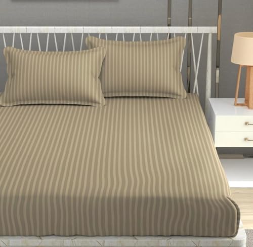 Image of Double Bedsheet Set with Pillow Covers | 200 TC Stripe Glace Cotton Bedding | Soft, Breathable & Durable Double Bed Sheet | Elegant Beige Striped Design