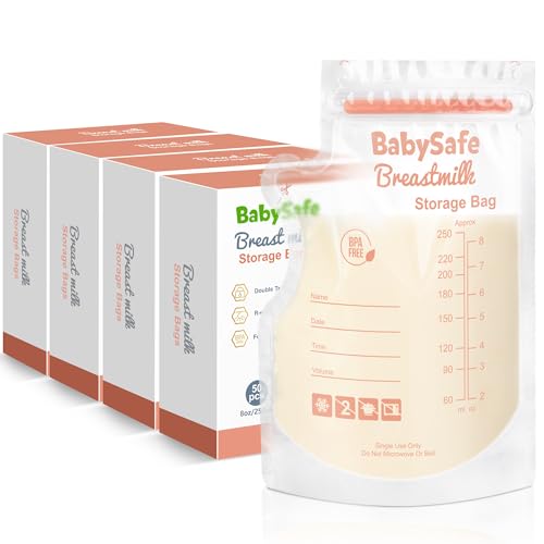 Image of BabySafe Breastmilk Storage Bag, 200 Count 8oz Milk Storage Bags for Breastfeeding, BPA-Free and Presterilized, Double Zipper Seal No-Leaking, Self-Standing, for Freezer Refrigeration and Freezing