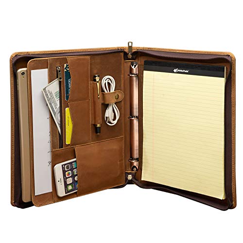 Handmade Crazy-Horse Leather 3 Ring Binder Portfolio Padfolio Folder with Zipper for Men and Women,Work Portfolio with Notepad for Meeting and Travel (Non-Custom, Brown)