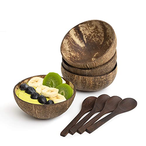 Coconut Bowls Serving Smoothie Bowl and Spoon Gift Natural Handmade Polish with Coconut Oil, Durable for Vegans Breakfast, Serving, Decoration, Party Ice Cream Cereal (Set of 4, Natural)