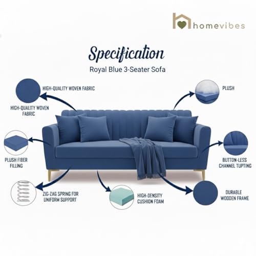 Image of 3 Seater Velum Fabric Sofa Set for Living Room, Modern Design with High Density Foam, Solid Wood Frame, Ergonomic Comfortable Seating for Home & Office (Blue, 3 Seater) | Soft foam comfort