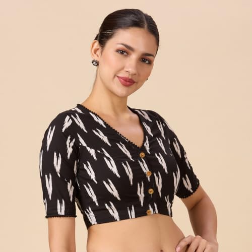Image of Studio Shringaar Women's Readymade Black Cotton Block Printed Elbow Length Sleeves Saree Blouse