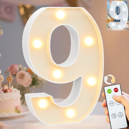 Image of Pooqla LED Light Up Numbers, Marquee Number with Remote for 9th Birthday Decoration, Lighted Numbers Gift for Boys Girls Party Backdrop Wedding Anniversary Decor, Warm White and Cool White Number 9
