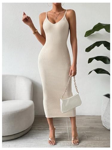 Image of GORGLITTER Women's Ribbed Knit Sweater Dress Backless V Neck Sleeveless Bodycon Midi Dresses