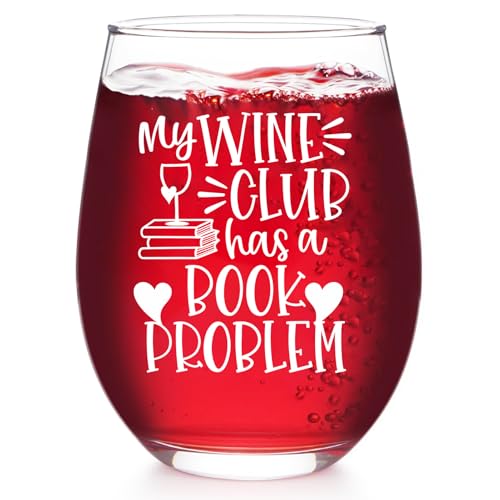 Zunaked Book Lover Gifts for Women - Novelty Bookish Gifts for Readers, Bookworms, Librarians - Wine Gift for Women, Mom, Friend, Birthday - My Wine Club Has a Book Problem 19 oz Stemless Wine Glass